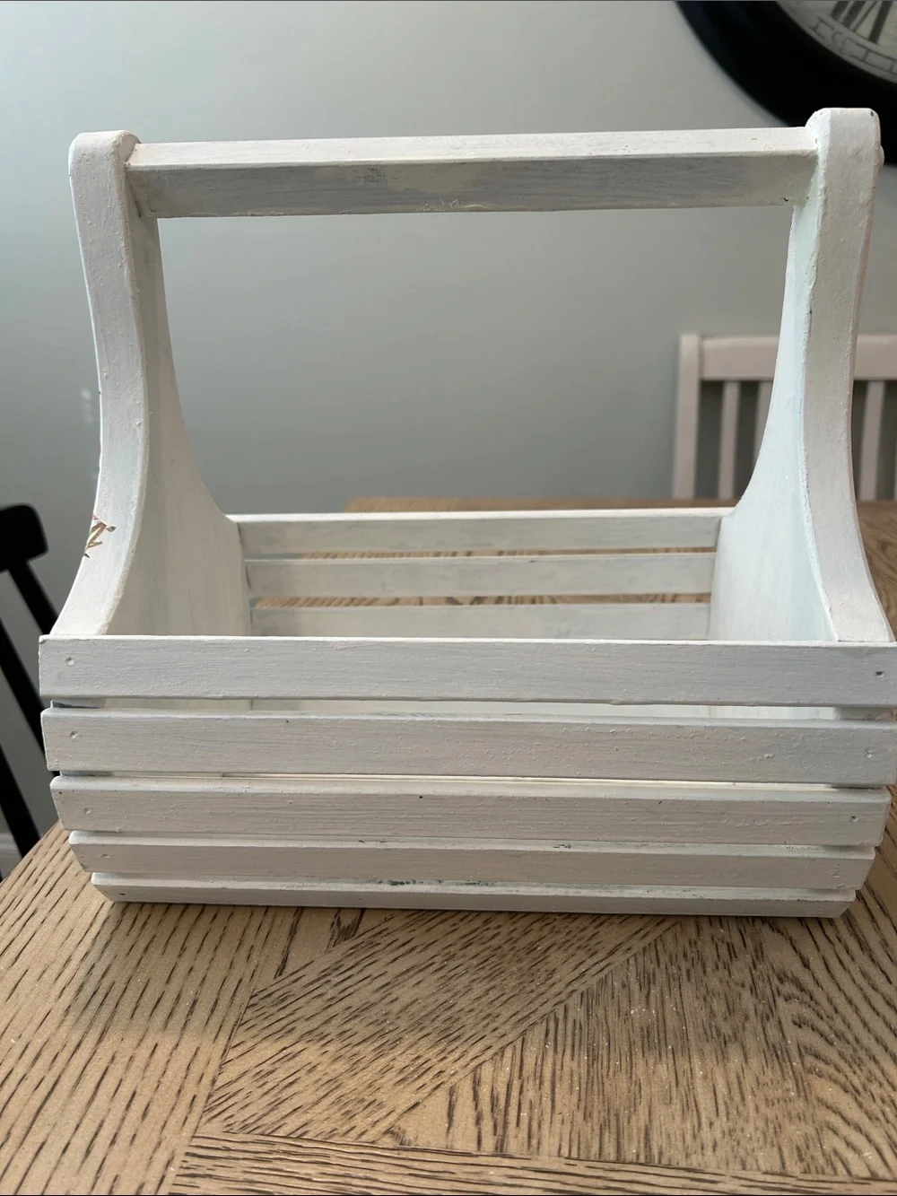 Distressed White Wooden Slatted Tote Basket with Floral Accent